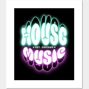 HOUSE MUSIC  - Puffy Y2K Glow logo (teal/pink) Posters and Art